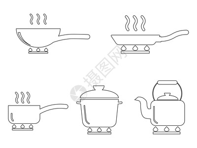 酱炒烹饪锅锅水壶轮廓套装 描绘炊具锅锅水壶的各种轮廓图标 展开的黑白 EPS Vecto设计图片