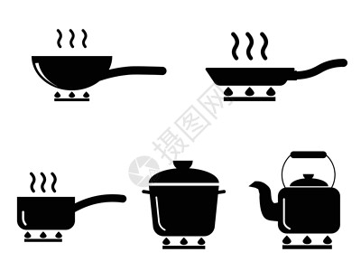 烹饪锅锅水壶套装 各种图标描绘炉火上的炊具锅锅水壶 展开的黑白 EPS Vecto背景图片