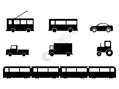 陆路口岸陆路运输车辆集 一组各种地面车辆 公交车卡车卡车拖拉机火车 黑白 EPS Vecto插画