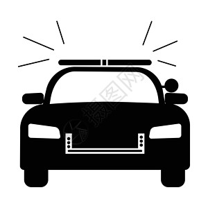 车坏了有警报器正面图的警车 简单的黑白插图描绘了带闪光灯的警察应急车辆  EPS矢量插画