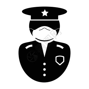 警察帽警察图标 黑白插图象形文字图标描绘了身穿制服的执法人员 戴着面罩帽和徽章 描绘 covid-19 期间安保人员的插图  EPS矢插画