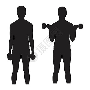 健美剪影黑色剪影描绘了站立的二头肌卷曲手臂训练运动 在白色背景下被隔离  EPS矢量插画