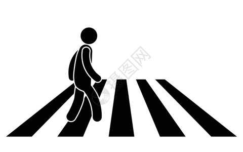 在人行横道过马路的简笔画人 孤立在白色背景上的黑色插图  EPS矢量背景图片