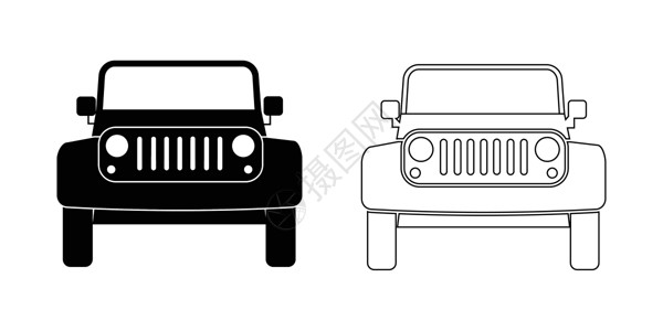 车黑白SUV 汽车前视图大纲集 一组两辆运动型多用途车正面图 黑白 EPS Vecto插画