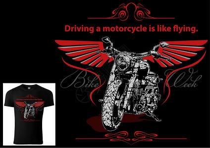 哈雷戴维森带摩托车和装饰翼的骑自行车的人的 T 恤插画