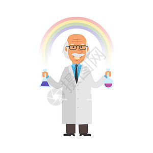 化学家管老教授拿着试管 在彩虹的背景下微笑 矢量字符插画