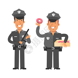 拿着钱袋警察拿着警棍的瘦警察 胖警察拿着甜甜圈 矢量字符插画