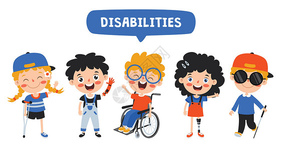 智能轮椅滑稽的卡通有残障的孩子姿势孩子们保健女孩机器人技术车轮世界卫生帮助生物插画