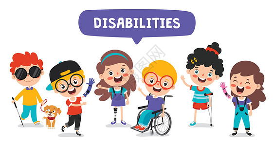 智能轮椅滑稽的卡通有残障的孩子姿势技术人工智能手臂疾病男生假肢保健车轮轮椅机器人插画