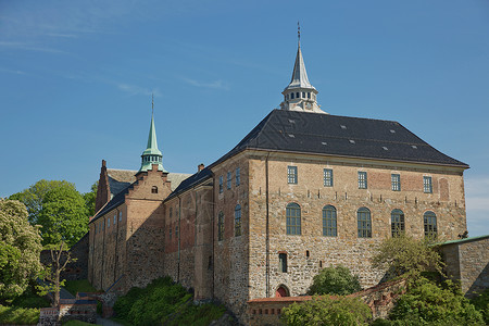 国王塔Akershus堡垒或挪威奥斯陆Akershus城堡 是为保护和提供皇家住所而建造的中世纪城堡旅游遗产城市首都岩石防御历史性旅行背景