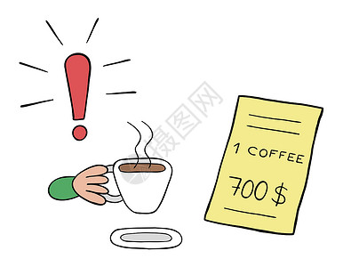 咖啡卡通咖啡饮用者和价格非常高的餐厅的卡通矢量图设计图片