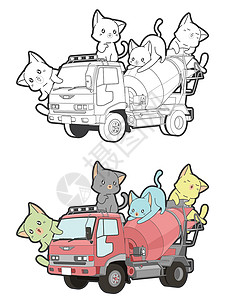 插车卡卡车上的可爱猫咪卡通儿童着色页插画