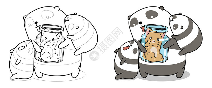 夏天闪屏页熊猫和猫为孩子着色页插画