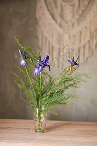 鸢尾属草本植物混凝土墙后面的木制桌子上的野花花束背景