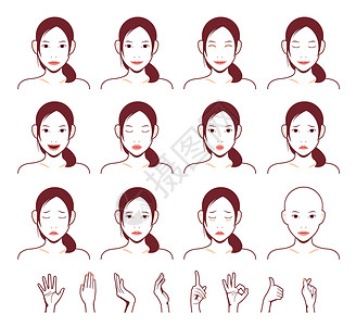 比例模式年轻亚洲女性脸部矢量图集情绪表情模式用手插图集插图美丽皮肤成人女孩眼睛微笑女士化妆品上半身插画