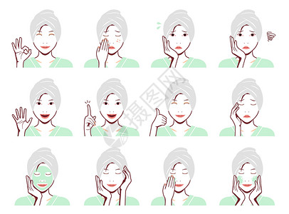 韩国女子组合年轻女性面临矢量说明刚洗完澡微笑 困扰 腹痛 头痛 清洗 拇指举起 OK标志等清洁粉刺皮肤身体护理女士浴室女子上半身破产设计图片