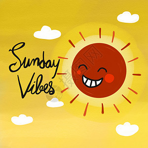 周日共鸣词和红色可爱的太阳微笑水彩画插图背景图片