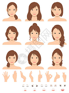 比例模式年轻女性矢量插图集发型变化手势和情绪面部模式 se卡通片化妆品皮肤女孩女士情感微笑化身比例头发插画