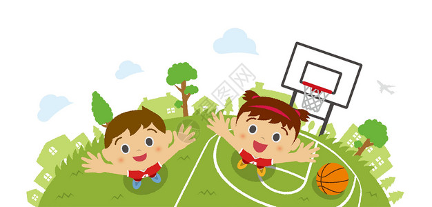 篮球场俯视图孩子们男孩和女孩仰望天空鸟瞰图 矢量卡通插画男生圆圈喜悦团体家庭白色朋友们孩子公园插图设计图片