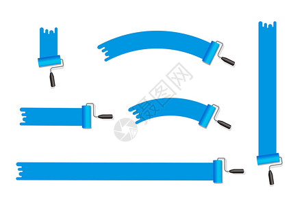 蓝色墙漆滚筒画家画笔矢量图 各种形状设置蓝色插画