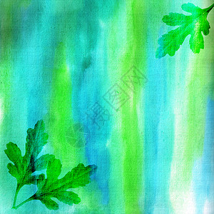 蓝绿色水彩背景上的透明橡树叶叶子植物插图黄色风格蓝色织物橡木纺织品创造力背景图片