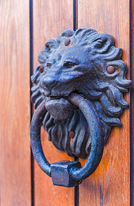 以狮子头形的黄铜敲门 漂亮的入屋入口 很美丽风化圆圈旅行木头历史橡木门把手金子乡村古董背景图片