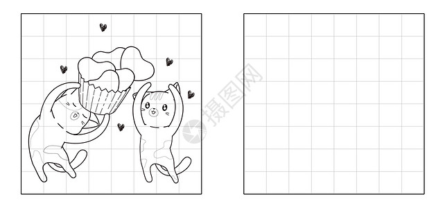 漫画网格复制纸杯蛋糕卡通2只猫的心插画