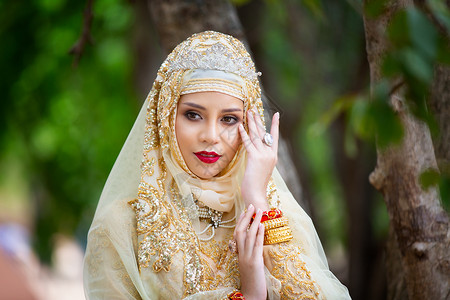 年轻新娘的肖像 穿着婚礼Hijab站在户外女孩化妆品面纱裙子黑发珠宝眼睛指甲花宗教传统背景图片
