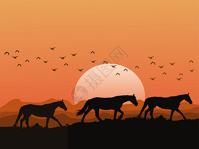 地平线太阳日落时山上一群马的轮廓以山脉和橙色天空为背景插画