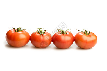 四只现实的西红柿 在一条孤立的白色背景线上物质绿色蔬菜食物沙拉植物直线红色背景图片