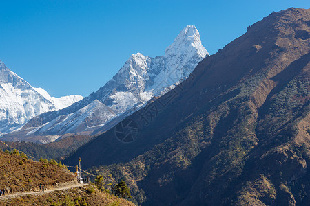 珠峰 Lhotse和Ama Dablam首脑会议顶峰远足旅行登山踪迹旅游电子书雪崩蓝色昆布背景图片