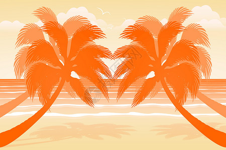 棕榈海岸天堂海滩风景棕榈插图晴天阳光日落地平线假期旅行橙子插画