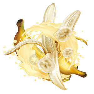 香蕉和一滴奶昔或酸奶甜点食物营养广告厨房饮食味道产品牛奶飞溅背景图片