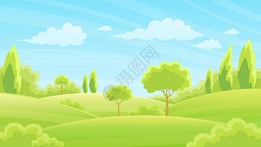 牧场天空新鲜的绿色山丘 背景是天空和云彩晴天农村环境生态蓝色牧场季节草地农场国家插画