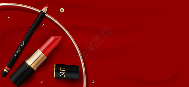 烈焰金唇3D 逼真的红色戒指在红色丝绸设计模板的时尚化妆品产品的或杂志背景 矢量插图设计图片