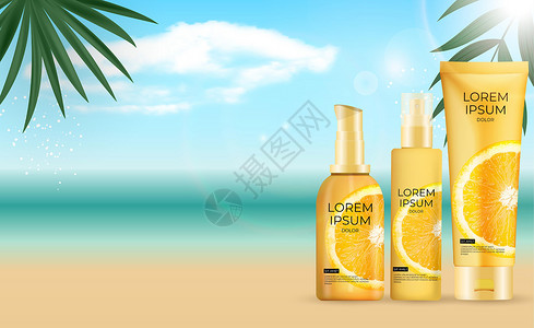 太阳纹3D 逼真的防晒霜瓶背景与棕榈叶海和橙色 时尚化妆品产品设计模板 它制作图案矢量设计图片