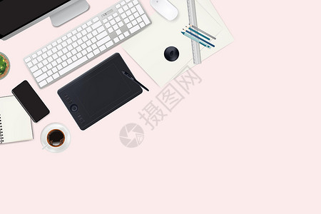 显示器桌面现实的工作区元素工作场所与桌面视图上的元素 现代技术工作场所植物 键盘 咖啡杯智能手机 显示器 在粉红色上书写项目矢量图形插画