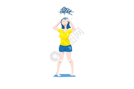 身穿黄色 T 恤和蓝色迷你裙的女孩在白色背景下忧虑和混淆情绪头痛运动设计图片
