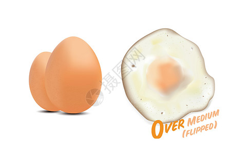 握拳朝上煎鸡蛋与生鸡蛋图片翻转超过中等基本风格水平的熟度矢量插图白色背景插画