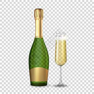 法国香槟逼真的 3D 香槟贪婪和金瓶和玻璃图标隔离在透明背景上 矢量图 Eps1插画