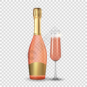 香槟包装逼真的 3D 香槟玫瑰粉色和金色瓶子和玻璃图标隔离在白色背景上 矢量图 Eps1派对空白绿色奢华包装产品饮料小样标签金子插画