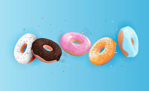 耳朵眼炸糕逼真的 3d 甜美可口的甜甜圈背景 可用于甜点菜单海报卡 矢量图 Eps1饼干飞行食物广告蛋糕元素设计戒指小吃糖果插画