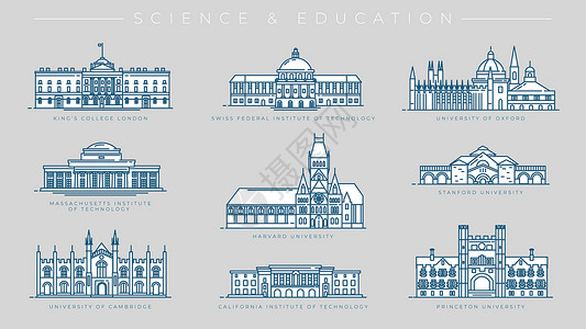 斯坦福科学和教育概念线条风格矢量图标集精英技术国王人文本科学习建筑学校学生大学插画