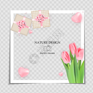 网络营销推广自然背景相框模板与春天郁金香花和礼品盒在社交网络中发布 矢量图 Eps1插画