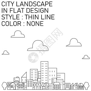 室外机平面设计中的城市景观 黑色细线白色填充插画