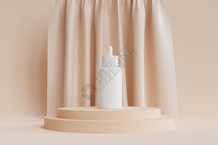 小瓶子样机带血清的白色滴管样机瓶 用于化妆品产品或在米色讲台或带 curtain3d 抽象 rende 的基座上做广告背景