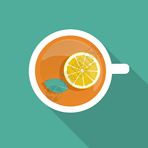 薄荷叶茶茶杯薄荷叶和柠檬图标与长长的影子 它制作图案矢量咖啡店薄荷食物飞碟艺术早餐蓝色绿色白色橙子插画