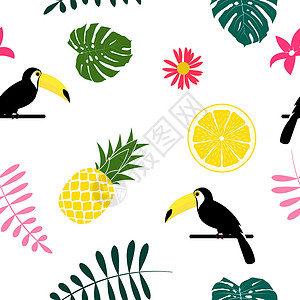 凤梨叶子热带水果菠萝巨嘴鸟鸟和棕榈叶无缝图案背景设计 它制作图案矢量艺术叶子植物卡通片凤梨插图异国饮食打印金子插画