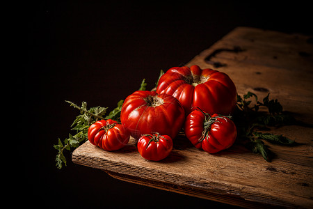 红番茄作品叶子黑色蔬菜桌子木头食物乡村静物红色背景图片