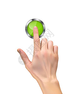 科技风开始按钮逼真的 3D 手剪影 手指在白色背景上按下绿色开始按钮 它制作图案矢量拇指力量手势技术行动展示屏幕光标红色控制插画